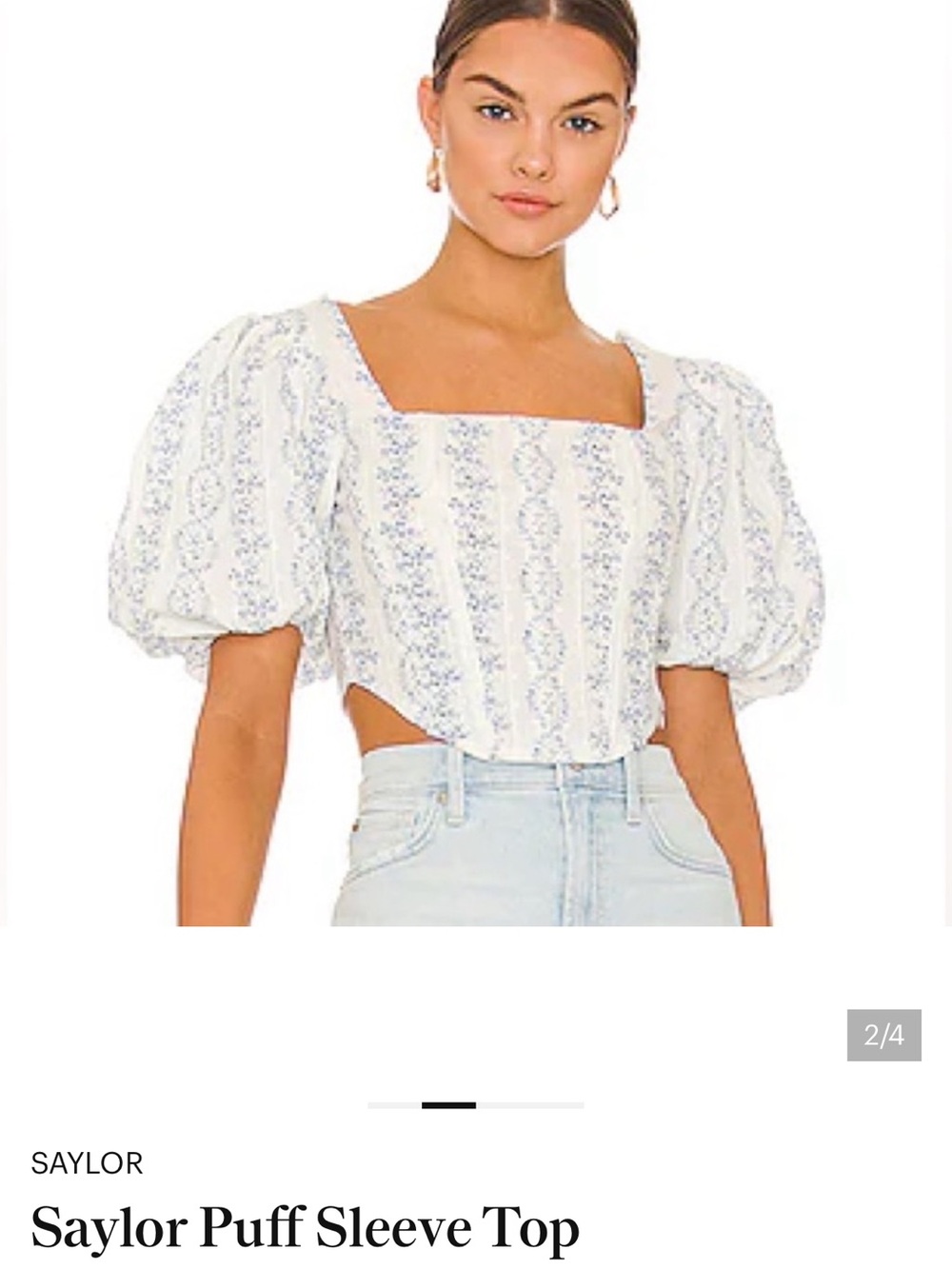 SAYLOR White Puff Sleeve Top with Blue Floral Stripes